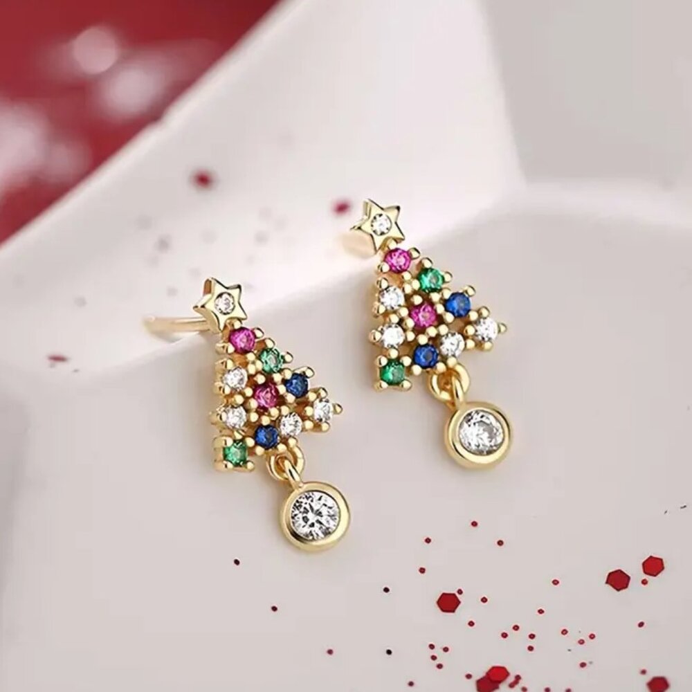NEW Goldtone multicolor bezel pave set CZ Christmas stud earrings- small cute - Picture 6 of 6